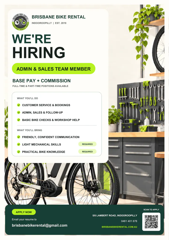 Brisbane Bike Rental hiring poster showing an e-bike in a clean workshop