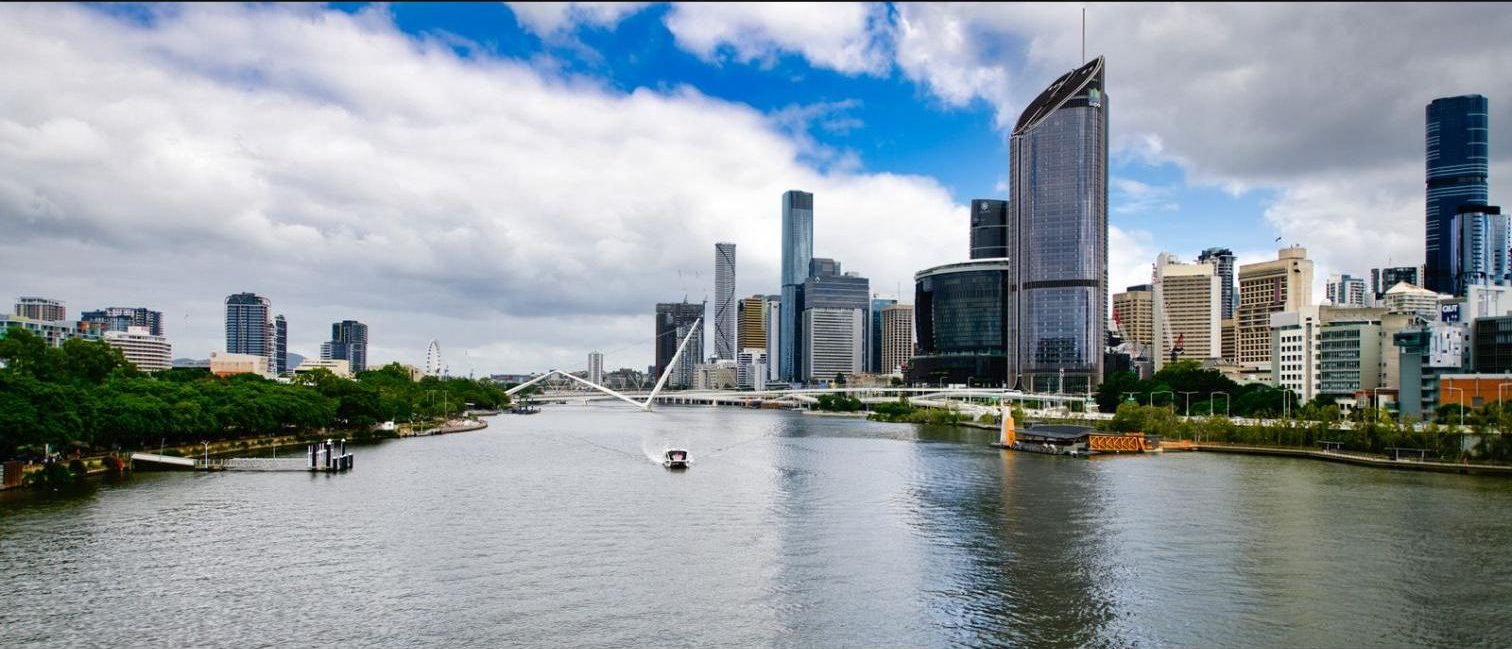 Brisbane River and city skyline, viewed from a bridge in the CBD
