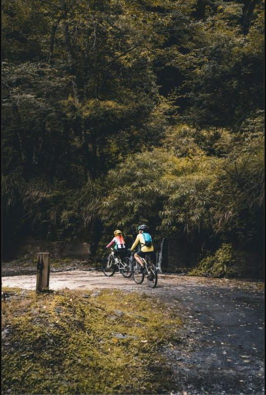 Two riders on a shaded gravel trail