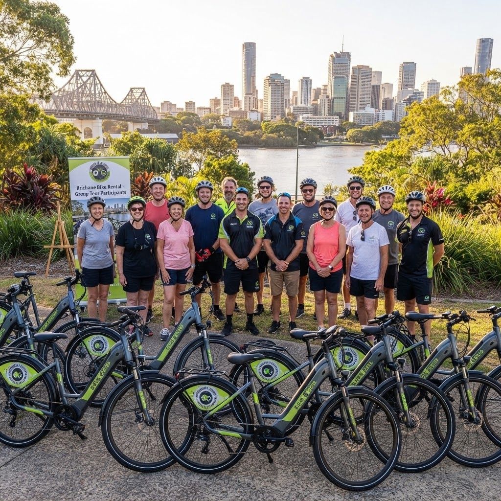 A group of happy Brisbane Bike Rental customers with their hired e-bikes on a guided group tour, Story Bridge and the Brisbane CBD skyline behind them