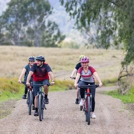 Friends riding e-bikes along a country rail trail