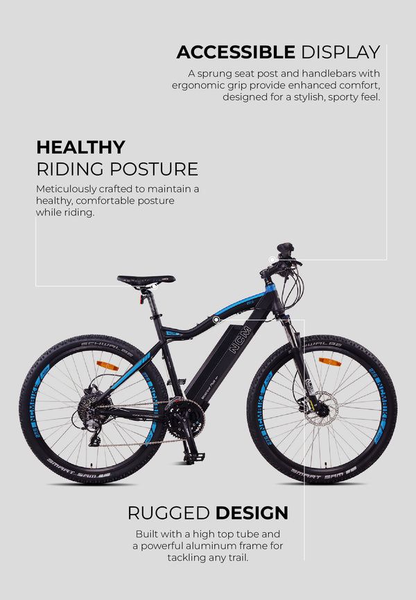 NCM Premium-Trail-E-Bike mit hervorgehobenen Merkmalen: gut ablesbares Display, gesunde Sitzhaltung, robustes Design