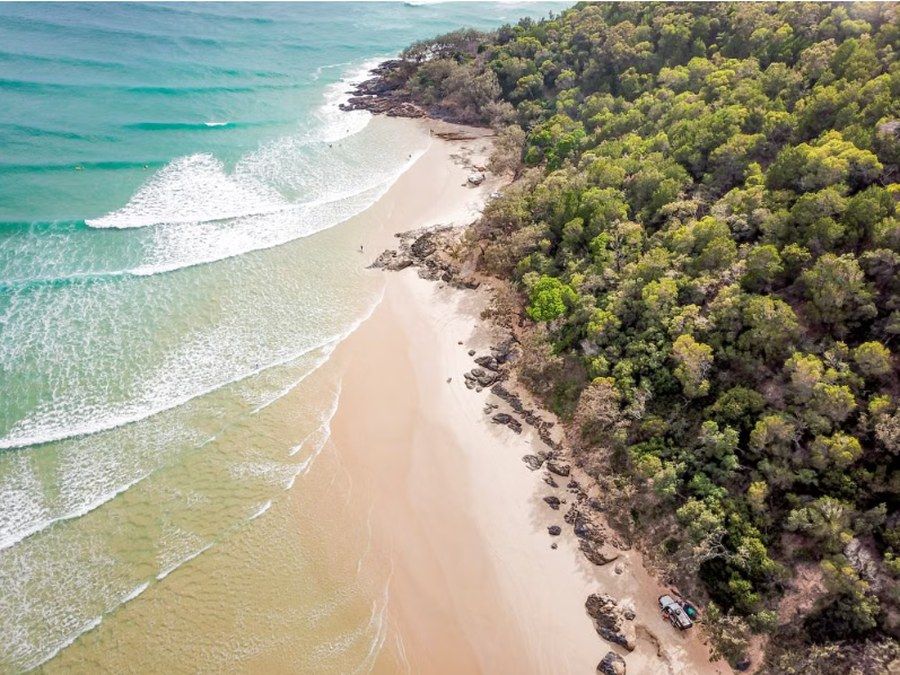 Luftaufnahme eines Strands im Noosa National Park mit bewaldeter Landzunge